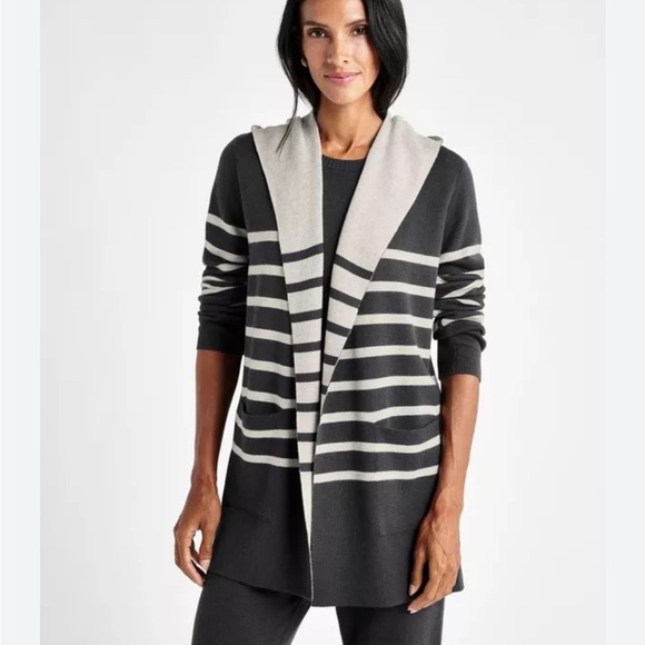 New! Splendid Sydney Cashblend Black/Gray Stripe Reversible Cardigan Sz Large - Picture 3 of 15